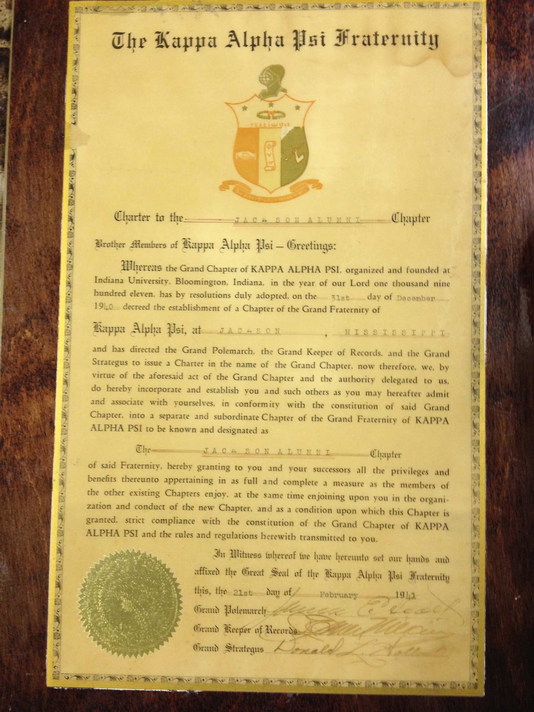 Original 1941 Jackson Alumni Chapter charter document with Kappa Alpha Psi seal