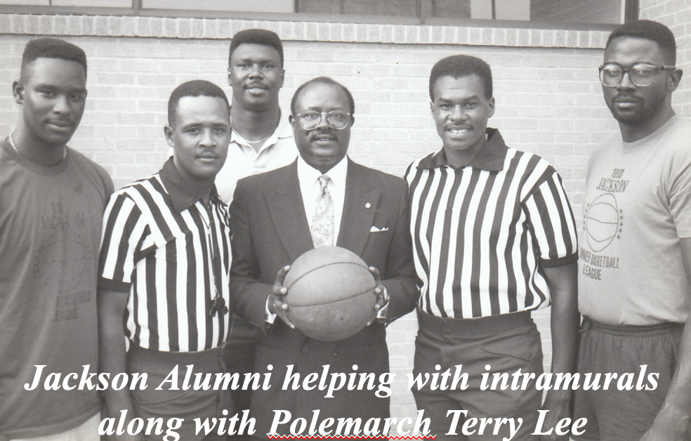 Jackson Alumni brothers with Polemarch Terry Lee at intramural basketball event